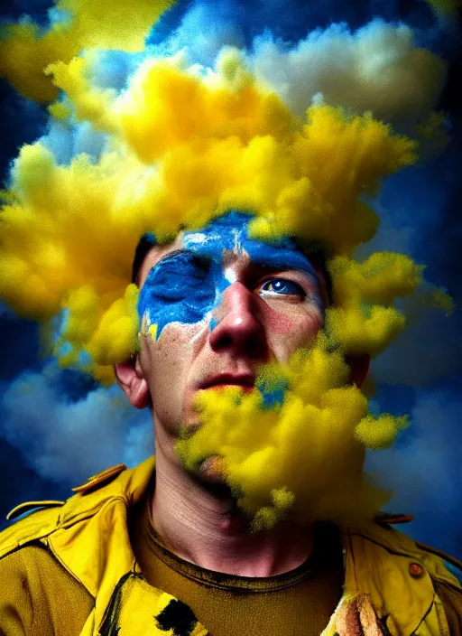 Prompt: crying!!!!!! modern ukrainian soldier!!, covered in yellow and blue clouds, disarming, enchanting, fragile, shamanistic, cloudcore, portrait, by kim keever