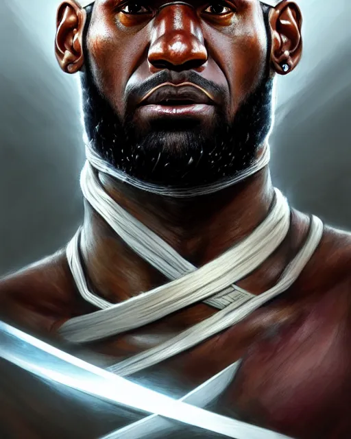 Prompt: face portrait of lebron james as a muscular ronin samurai, wearing a haori, by wlop and peter mohrbacher, dramatic action pose, extremely detailed shading, concept art, digital painting, trending on artstation, unreal engine 5, octane render, atmosphere, glow, cinematic lighting, full of color