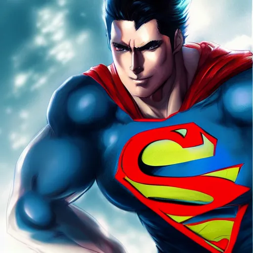 Image similar to A realistic anime superman, digital painting, by WLOP and Rossdraws, digital painting, trending on ArtStation, deviantart