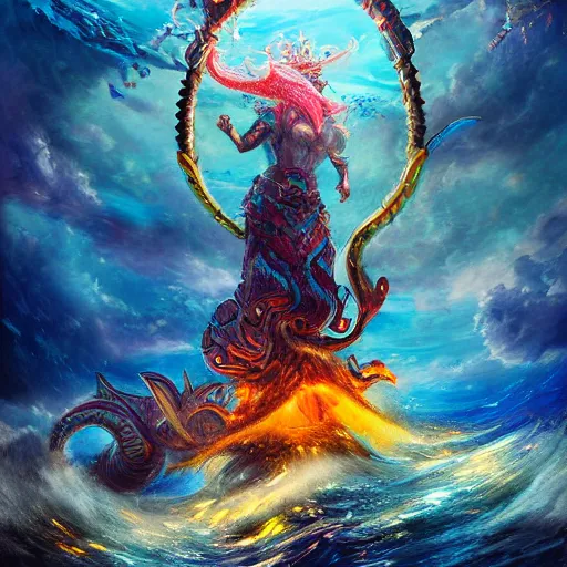 Image similar to warrior sea goddess full frame battling leviathan, beautiful composition, wide angle, colorful, cinematic, volumetric lighting, intricate details painting