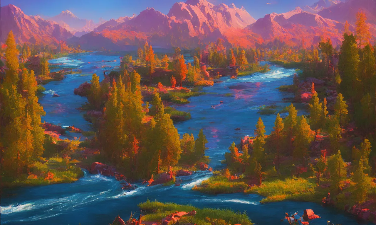 Prompt: A View of the Truckee River Near Lake Tahoe, art by Anton Fadeev and Thomas Cole, oil on canvas