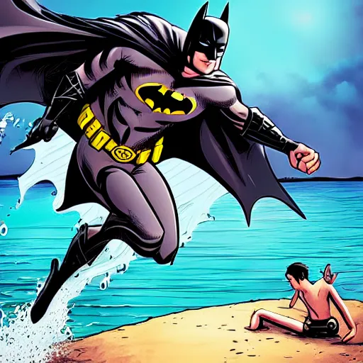 Image similar to batman at the beach swimming in the sea, comic art style, digital art, highly detailed, art station, photo realistic