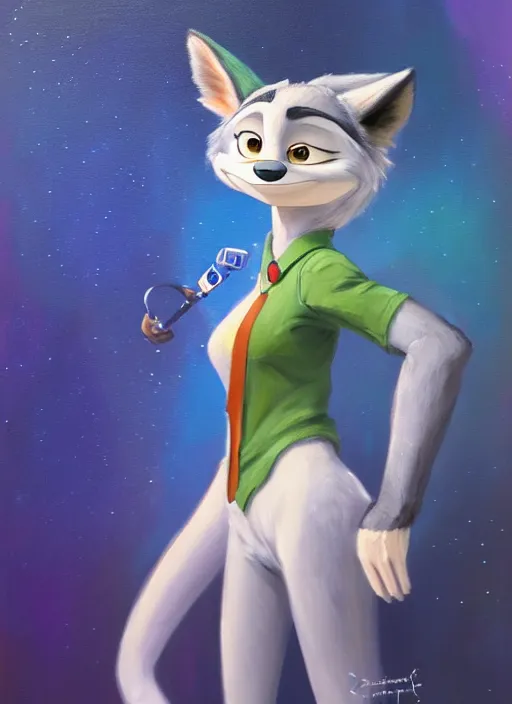 Image similar to oil painting detailed full body of anthromorphic female wolf, in style of zootopia, zootopia, zootopia, fursona, furry, furaffinity, 4 k, deviantart, furry art, fursona art, wearing astronaut outfit, in style of zootopia, wolf fursona, cyberpunk, female, detailed feminine face,