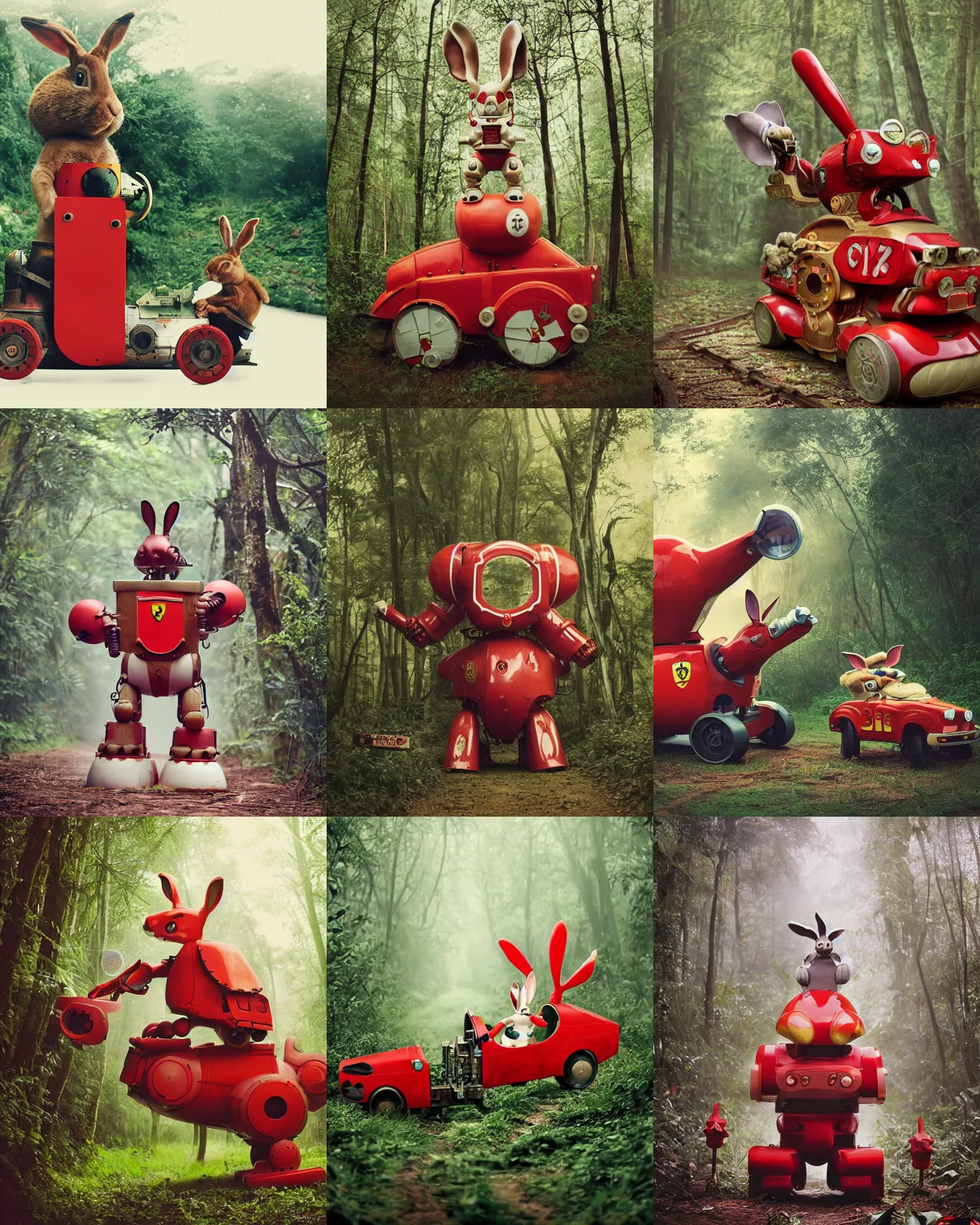 Prompt: attack pose !! giant oversized battle rabbit robot chubby mech baby as ferrari red muscular train with big ears and rabbit , on a jungle forest , full body , Cinematic focus, Polaroid photo, vintage , neutral dull colors, soft lights, foggy ,random weather, by oleg oprisco , by victor enrich