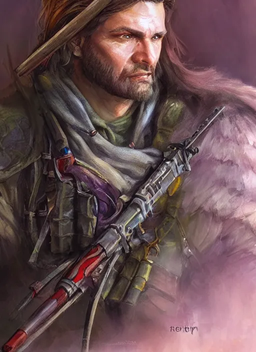 Image similar to sniper, dndbeyond, bright, colourful, realistic, dnd character portrait, full body, pathfinder, pinterest, art by ralph horsley, dnd, rpg, lotr game design fanart by concept art, behance hd, artstation, deviantart, hdr render in unreal engine 5