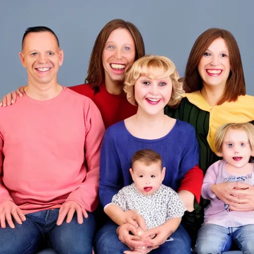 Image similar to family portrait studio of ugly family big eyes bad awful teeth and smile, horrible scary family laughter