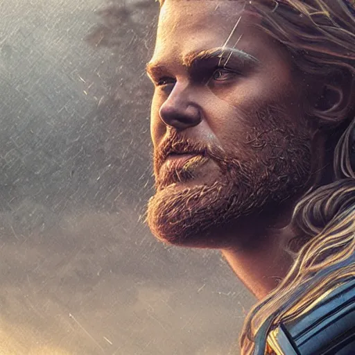 Image similar to thor in a thunderstorm, au naturel, hyper detailed, digital art, trending in artstation, cinematic lighting, studio quality, smooth render, unreal engine 5 rendered, octane rendered, art style by klimt and nixeu and ian sprigger and wlop and krenz cushart