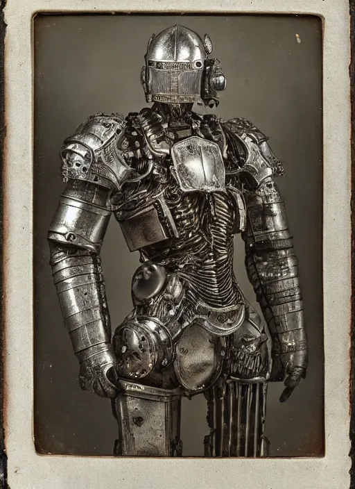 Image similar to old 1 9 th century wetplate daguerreotype portrait of a futuristic silver armored knight district 9 cyborg, fractal, intricate, elegant, highly detailed, subsurface scattering, by jheronimus bosch and greg rutkowski,