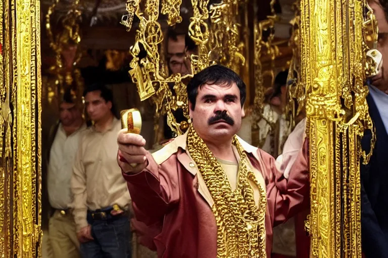 Image similar to el chapo is a genie standing in the middle of a grandiose mexican mansion. everything is made out of gold. el chapo is sipping on wine. the mansion is incredible and ornate. chapo has a clockwork chain. there are princesses and queens everywhere around him, lovely scene of a genie being a pimp