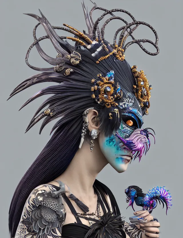 Image similar to 3 d goddess close - up profile portrait punk with mohawk with ram skull. beautiful intricately detailed japanese crow kitsune mask and clasical japanese kimono. betta fish, jellyfish phoenix, bio luminescent, plasma, ice, water, wind, creature, artwork by tooth wu and wlop and beeple and greg rutkowski