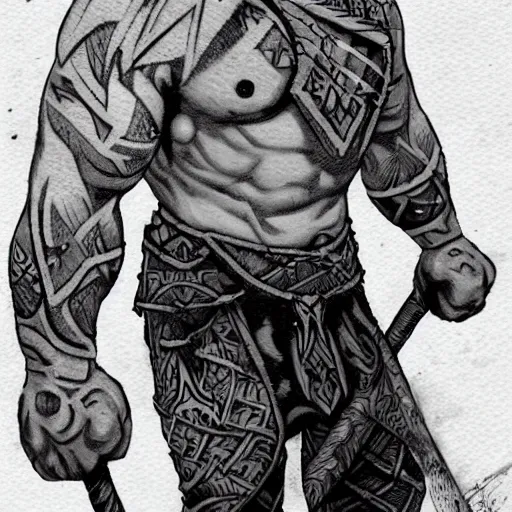 Image similar to frost giant, with a battleaxe, tribal tattoos, very muscular, large fists, fantasy, d & d, intricate, detailed, by greg ruthowski, trending on artstation, smooth, sharp focus
