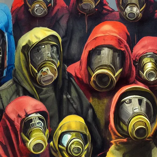 Image similar to detailed details concept art saints gang photo group, theyre using gas mask, other using saints mask, theyre wear yellow and red hoodie, theyre leader regularly uses red in the style of bob peak and alex ross, gouache and wash paints color, detailed details facial and body and human and environments and proportionate, detailed 5 k details.