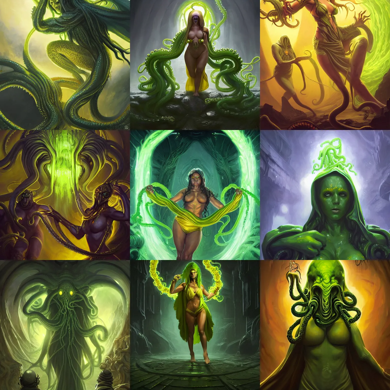 Prompt: a muscular, yellow-robed cultist, her face contorted in hate, pulling open her robes to reveal a mass of shiny green tentacles, fantasy, cthulhu, clothing, elaborate, art by artgerm and greg rutkowski and magali villeneuve, atmospheric, oil painting, 4k