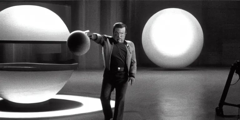 Image similar to photorealistic wide two shot cinematography of a young william shatner fighting a giant floating eyeball sci - fi prop in a twilight zone episode shot on film at magic hour with the sun shining into a large 6 0's hotel lobby room filled with volumetric haze by the shining cinematographer john alcott on a cooke panchro 2 7 mm lens.