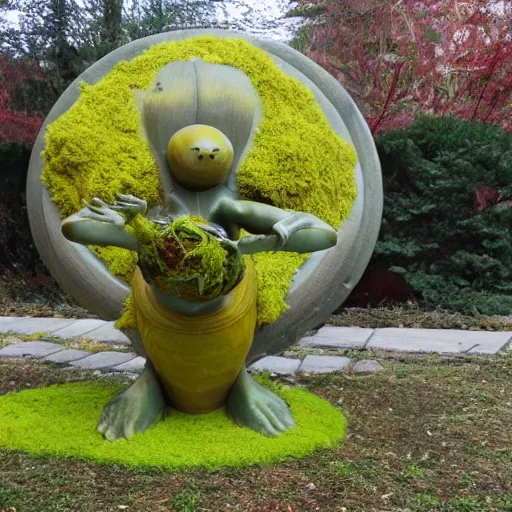 Prompt: statue of a radial creature with 4 eyes and 8 legs with very yellow moss and yellow plants