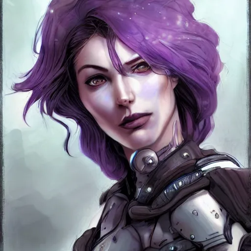 Prompt: extreme close up portrait, pale woman with flowing purple hair in rusty sci - fi power armor, high detail, stoic, elegant, by stjepan sejic, sunstone, dc comic, marvel comic