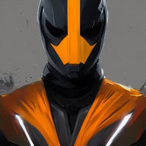 Image similar to portrait of a superhero by greg rutkowski, he looks like miles teller, he is wearing a black, orange and yellow kevlar gear, highly detailed portrait, digital painting, artstation, concept art, smooth, sharp foccus ilustration, artstation hq