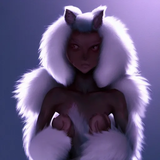 Image similar to cute furry girl with four arms, big fluffy ears, white fur and dark skin, dramatic lighting, cinematic, artstation, anime style