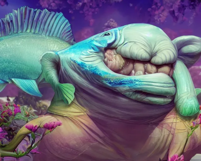 Image similar to of a very beautiful scene. ambient occlusion render. a sweet fat old woman is giving birth to a huge colorful fish. hyper realistic. 4 k. wide angle. wild. symmetrical face, red mouth, blue eyes. deep focus, lovely scene. ambient occlusion render. concept art. unreal engine.