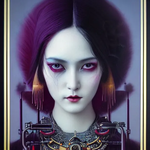 Image similar to rudolf freund dan mumford tom bagshaw, photorealistic soft paint of a single very beautiful asian princess full long dress, ultra deep fog, purple black lustrous thin haircut, partial symmetry accurate features, focus, very intricate ultrafine details, award winning masterpiece, steampunk world
