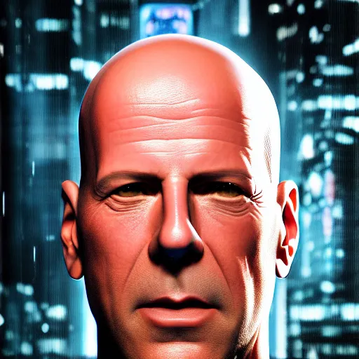 Image similar to bruce willis portrait, cyberpunk 2 0 7 7, cyberpsycho, photorealistic, ultra detailed, neon, octane, bokeh, cyber, cyberpunk city, feature, scars, cyberface, 8 k