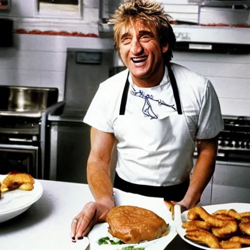 Image similar to rod steward is frying burgers, 1 9 8 0 s diner, dirty dishes, greasy food, impatient customers, rod stewart is wearing a stained apron, smiling at camera, white paper cap, he's sweating, photo