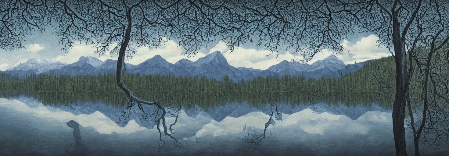 Image similar to escher painting of a lake, big trees reflecting on lake surface, mountains at background, snowy, ultra sharp, ultra detailed, dark emotion, colorized by salvador