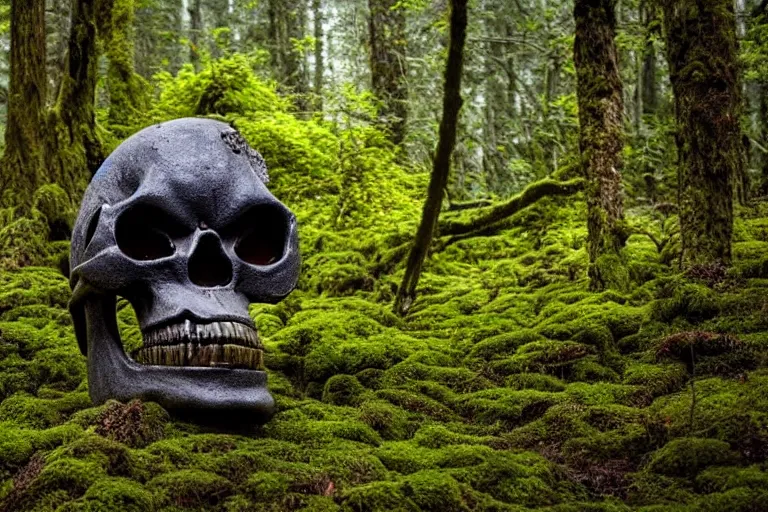 Prompt: high quality scary alienated monster skull statue sitting in the middle of a dark and creepy forrest, partly covered with moss, highly detailed, cinematic smooth, stephen shore & john j. park, soft morning light, wide shot, high angle, uhd 8 k, deep focus