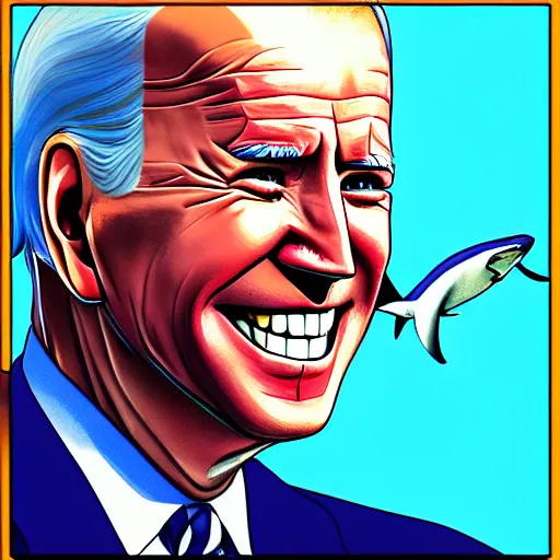 Image similar to joe biden sharkman swimming underwater, shark - human face, impressionism, gta 5, caricature, comic speed lines motion