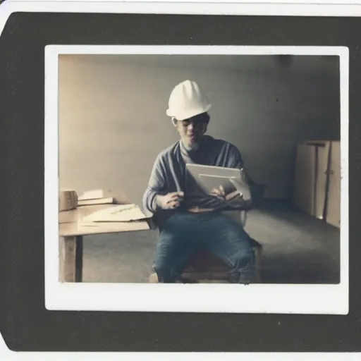 Image similar to a polaroid photo of man using a laptop inside in warehouse, he sitting on chair and small table, he's wearing blue cloth and construction hat, photo from behind, high details, perfect face shape