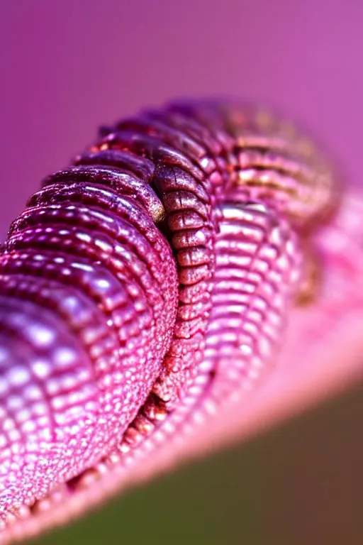 Image similar to high quality close-up photo pearlescent caterpillar! gorgeous highly detailed david ligare elson peter cinematic pink lighting high quality low angle hd 8k sharp shallow depth of field