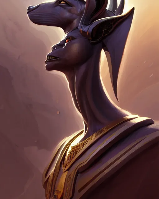 Image similar to side profile, mighty anubis in his chambers of the dead, dramatic, elegant, highly detailed, concept art, smooth, muted colors, by huang guangjian, sachin teng, greg rutkowski, jesper ejsing, ilya kuvshinov, artgerm, mucha