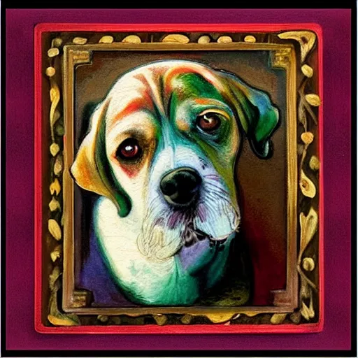 Prompt: painted colorful wooden frame, elegant, 1 9 2 0 s, for a square picture of a happy dog. the frame is ornate and has room for the name tag of the dog. digital art