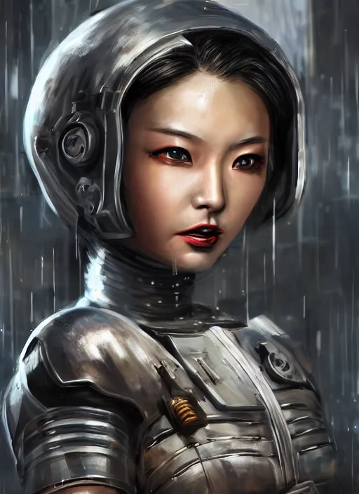 Image similar to An epic fantastic realism comic book style portrait painting of a female cyber warrior, tzuyu from twice, dieselpunk armor, long fluffy hair, porcelain pale skin, cyberpunk color raining tokyo everywhere, Concept world Art, unreal 5, DAZ, hyperrealistic, octane render, cosplay, RPG portrait, dynamic lighting