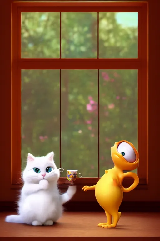 Prompt: portrait of fluffy cat holding teacup inside the house and window in background, full body. pixar disney 4 k 3 d render funny animation movie oscar winning trending on artstation and behance, ratatouille style