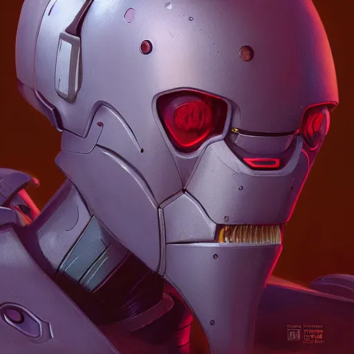 Image similar to character concept art portrait of a mech robot, depth of field background, artstation, award - winning realistic sci - fi concept art by jim burns and greg rutkowski, beksinski, a concept art masterpiece, red color palette, james gilleard, bruegel, alphonse mucha, and yoshitaka amano.