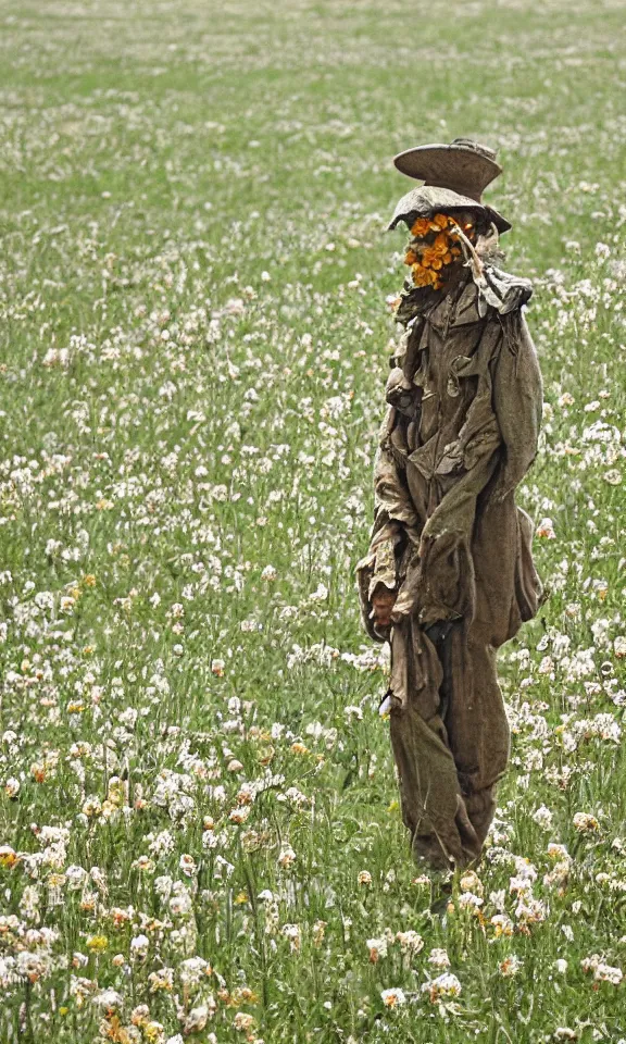 Prompt: human-like scarecrow wearing torn military clothes in beautiful meadow of flowers, ww1 photo, grainy, high detail, high resolution,