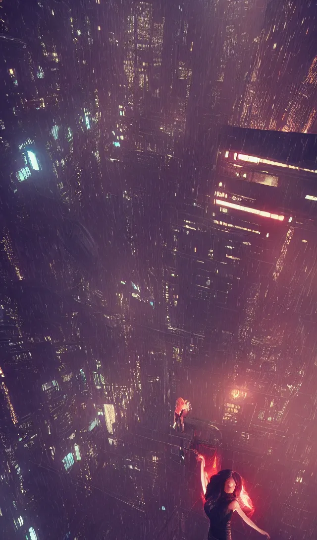 Prompt: a girl with silver long hair and red dress standing on a rooftop in a cyberpunk city, blade runner, nighttime, rain, intricate artwork by tooth wu and wlop and beeple, octane render, hyper realism, 8 k