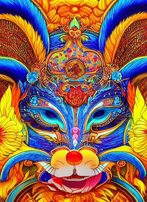 Prompt: detailed illustration of a kitsune mask, sacred feeling, bright colors, extremely detailed, digital art, studio lighting, psychedelic atmosphere