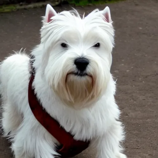 Image similar to west highland terrier dressed in iron armour with a gun attached to his head. gun on the head of westy.