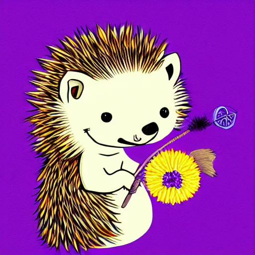 Image similar to adorable hedgehog in a kimono, holding a purple dandelion, art, digital art