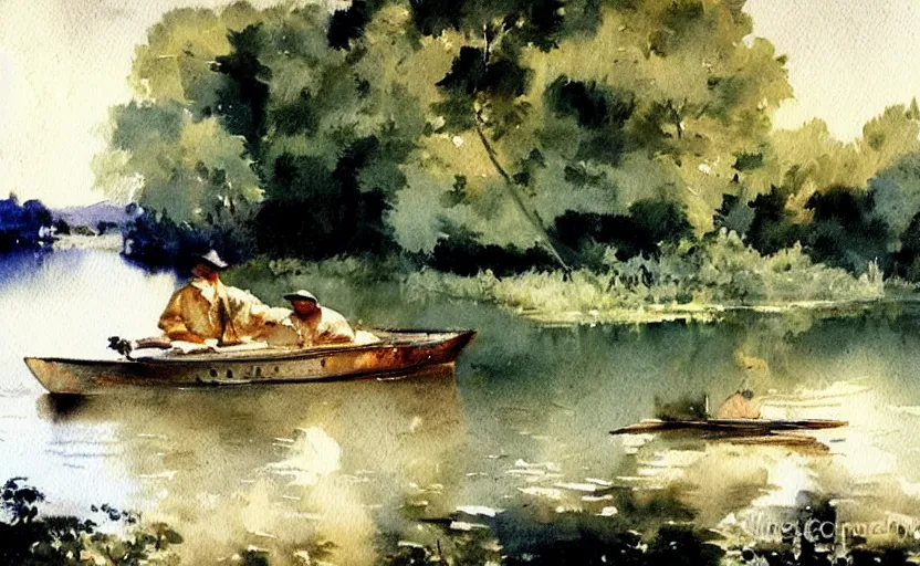 Image similar to watercolor lanscape by anders zorn, realistic, romanticism by goya, rowing boat on lake