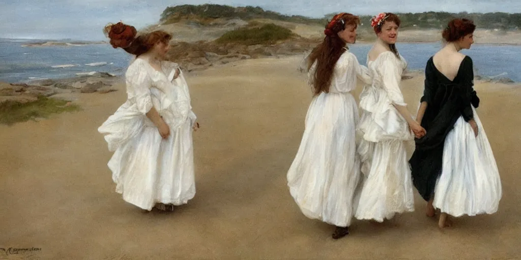 Image similar to two young edwardian women wearing white dresses hold hands on a beach in Sweden, in the style of Anders Zorn