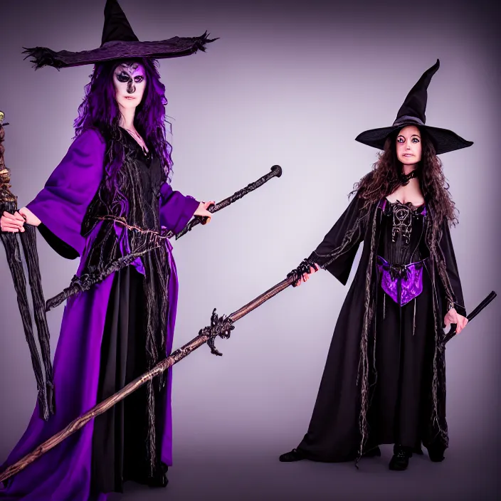 Image similar to professional photograph of a real - life beautiful elemental darkness witch with ornate purple and black robes and staff. extremely detailed. 8 k