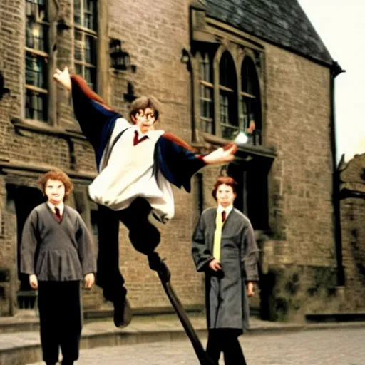 Image similar to Harry Potter flying on a broom