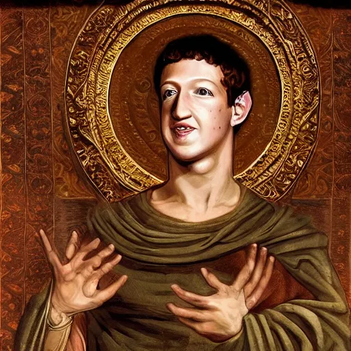 Image similar to mark zuckerberg as a roman noble senator. dressed in a toga. serious facial expression. on ancient roman fresco, detailed, intricate artwork, photo of a wall. well - preserved but faded