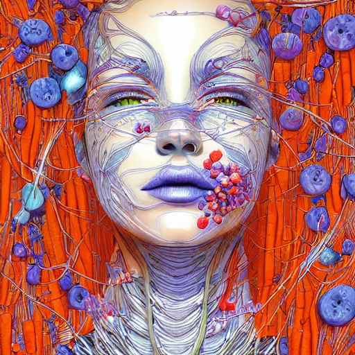 Prompt: the head of an incredibly gorgeous woman partially made of carrots and blueberries looking up, an ultrafine detailed illustration by james jean, final fantasy, intricate linework, bright colors, behance contest winner, vanitas, angular, altermodern, unreal engine 5 highly rendered, global illumination, radiant light, detailed and intricate environment