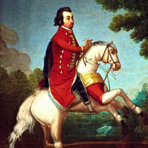 Prompt: Mozart riding a horse.
