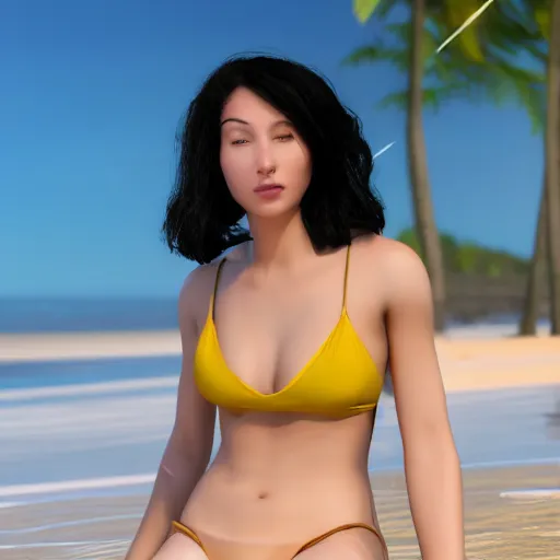 Prompt: real life photo of a beautiful girl, full body photoshoot, short black hair yellow tips, golden watery eyes, full round face, short smile, pale pink bikini, serene beach setting, cinematic lightning, medium shot, mid - shot, highly detailed, trending on artstation, unreal engine 4 k, 8 0 mm, 8 5 mm, cinematic wallpaper