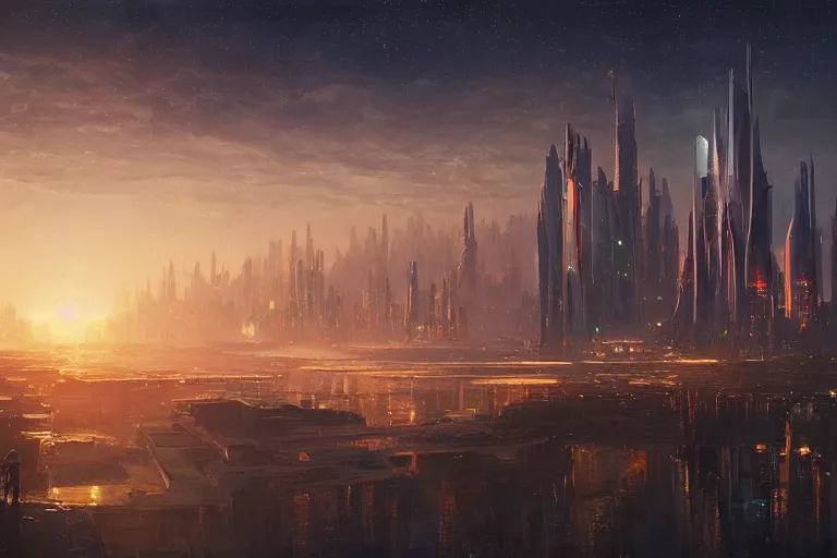 Image similar to a beautiful oil painting of a futuristic city in a serene landscape at night under the horizon line in the upper third by john howe and albert bierstadt and alena aenami and dan mumford and dave noton, unreal engine, trending on behance